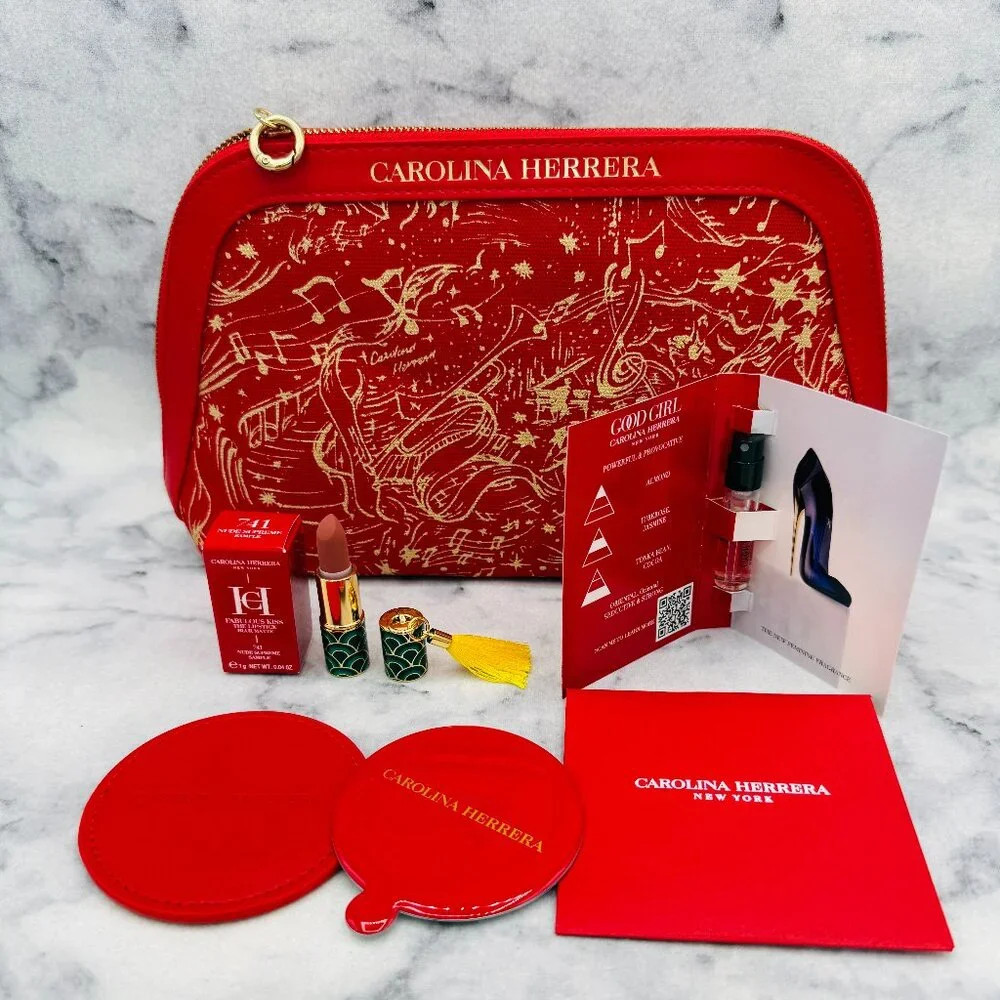 Carolina Herrera Beauty Gift Set-Red Pouch, Good Girl,Lipstick,Mirror-4pc-NEW